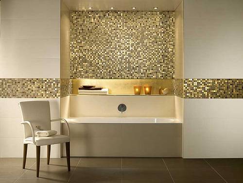 Gold ist der Inbegriff von Luxus und Glamour und passt zu jedem Badezimmstil, sei er klassisch-elegant, Neobarock oder puristisch-designorientiert. Mosaike mit echter Goldauflage als Ornamente oder  lassen sich unterschiedlich  machen aus jedem Bad ein Luxusbad<br />