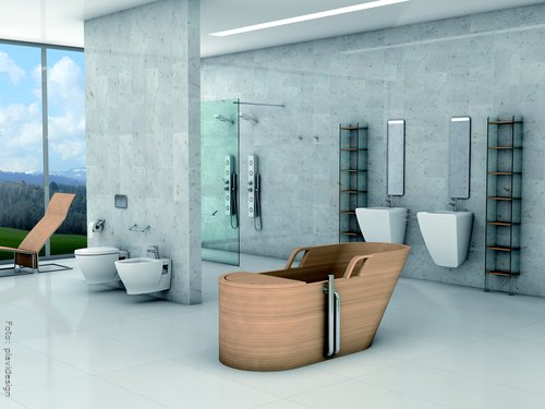 Puristische Design und warmes Holz geben in diesem luxuriösen Bad eine harmonische Liaison ein. Die sinnliche Badewanne aus Holz erinnert an den Badezuber von einst.