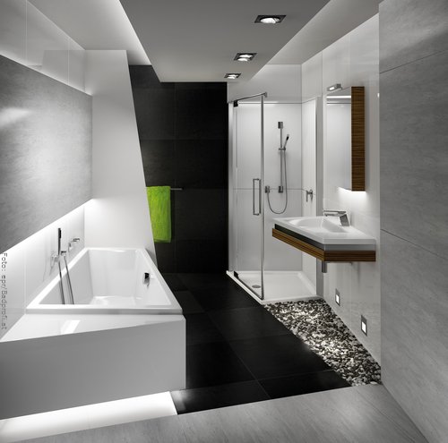 Auch ein kleines Bad ohne Tageslicht kann modern gestaltet werden. Kreative Formen, Farben und Materialien sowie eine gezielte Beleuchtung bringen Pepp.